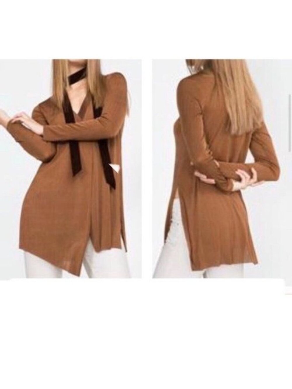 Zara | W&B Collection Asymmetrical Tunic Long Sleeve Surplice Wrap Top Brown